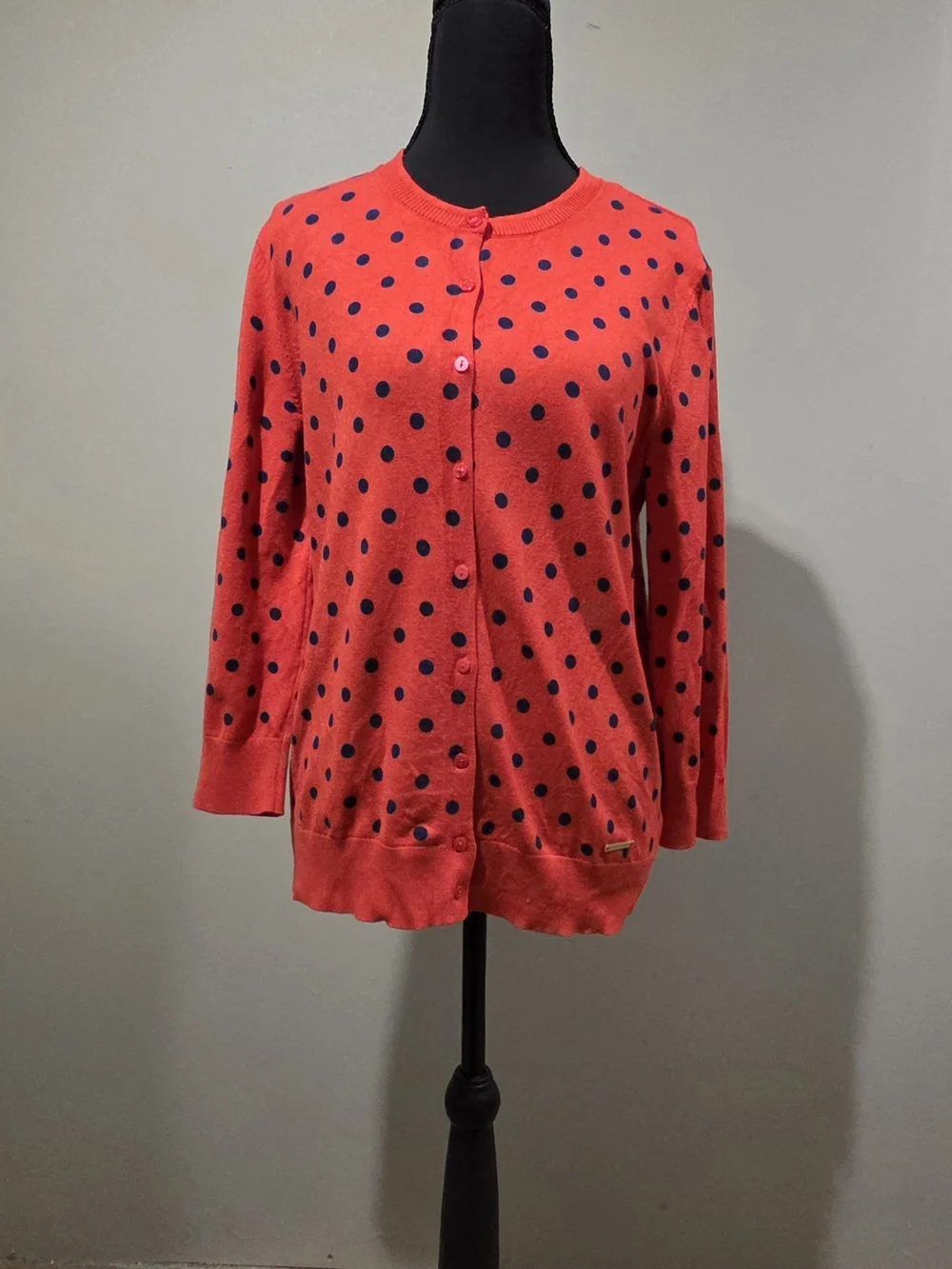 Ellen Tracy Red Sweater with Navy Polka Dots - Picture 2 of 8